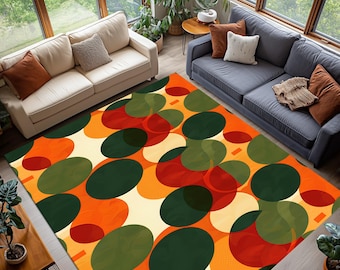 Retro Teppich mit Polka Dots, Bunte Kreise Mid Century, Orange Grün Rote Moderne Bodenmatte, Verspieltes Geometrisches Wohnzimmer Dekor