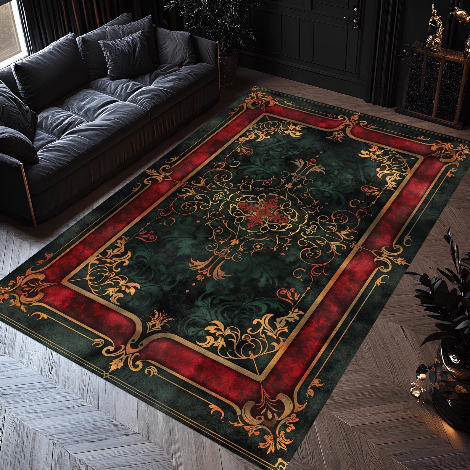 Green Burgundy Baroque Area Rug, Vintage Gold Ornate Carpet, Dark ...