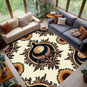 Gothic Moon Floral Rug, Celestial Sunflower Area Carpet, Beige Black Digital Print Rug, Washable Non Slip Boho Decor