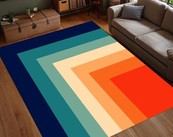 Blau Orange Retro Teppich, Teppich mit Farbverlauf, Geometrischer Bereich Teppich, Mid Century Modern Dekor, Waschbar, Rutschfest