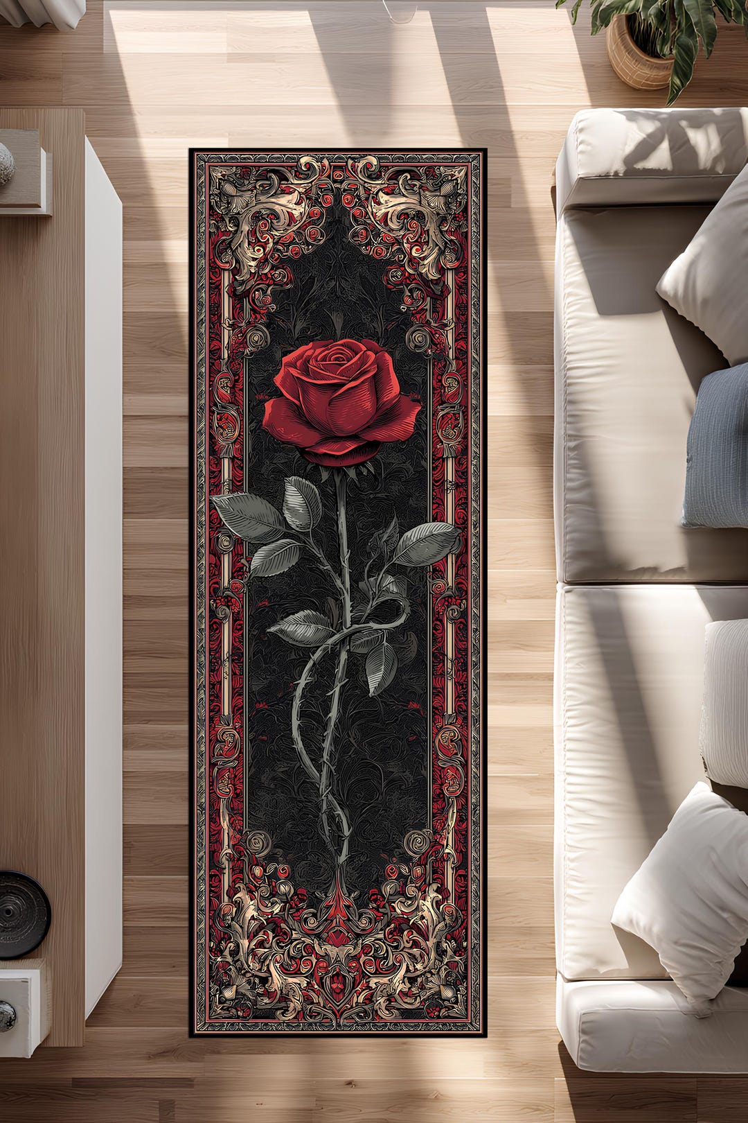 Gothic Red Rose Runner Rug, Dark Floral Hallway Carpet, Elegant Vintage ...