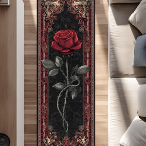 Gothic Red Rose Runner Rug, Dark Floral Hallway Carpet, Elegant Vintage Baroque Rose Design, Black and Red Accent Rug, Long Floral Area Rug