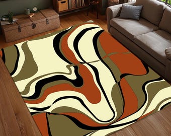 Retro Erdfarbener Teppich, Abstrakter Boho Stil Teppich, Warme Farbe Wohnzimmer Teppich, 70er Jahre Inspiriertes Design, Waschbarer Teppich, Rutschfest