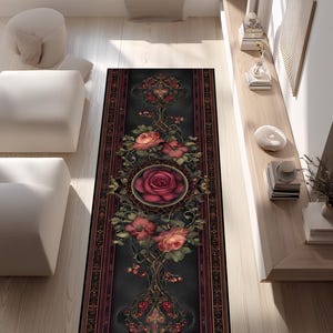 Red Rose Gothic Runner Rug, Dark Floral Art Carpet, Vintage Baroque Hallway Decor, Elegant Black Long Area Rug