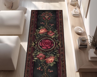 Red Rose Gothic Runner Rug, Dark Floral Art Carpet, Vintage Baroque Hallway Decor, Elegant Black Long Area Rug
