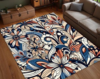 Bunter Blumenteppich, künstlerischer Boho-Teppich, Retro Botanischer Wohnzimmerteppich, Teppich mit abstraktem Muster, Waschbarer Teppich, rutschfest