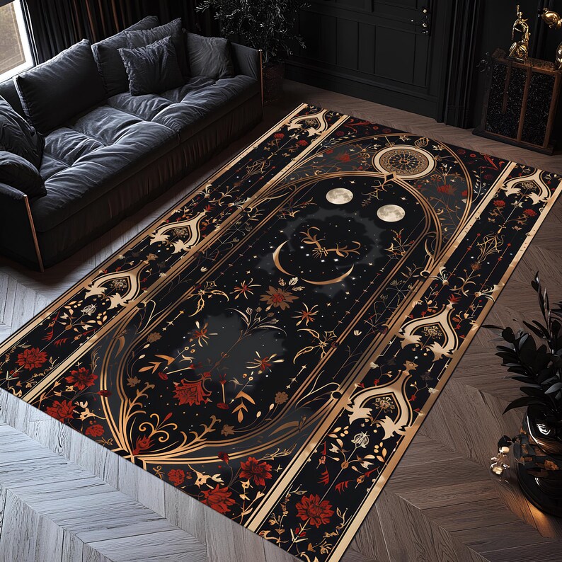 Red Moon Rug Mystic Gothic Moon and Sun Area Rug, Dark Elegant Art Nouveau Style ...