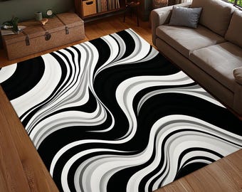 Schwarz Weißer Abstrakter Teppich, Gestreifter Teppich, Moderner Teppich, Minimalistischer Wohnzimmerteppich, Bold Monochrome Decor, Waschbarer Teppich, rutschfest