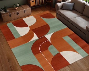Retro Geometrischer Teppich, Abstrakter Mid Century Teppich, Terrakotta Salbei Senf Wohnzimmer Bodenmatte, Moderner Waschfester, rutschfester Teppich