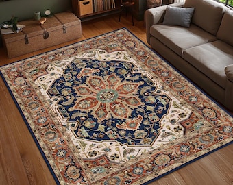 Vintage Orientteppich, Traditioneller Wohnzimmerteppich, Persischer Stil Teppich, Klassisches Medaillon Design, Waschbarer Teppich, rutschfest
