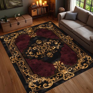 Black Burgundy Baroque Area Rug, Gold Vintage Scroll Carpet, Gothic Ornate Living Room Rug, Washable Non Slip Dark Decor Rug