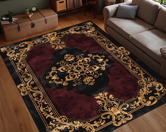 Alfombra barroca burdeos negra, alfombra vintage dorada con volutas, alfombra gótica ornamentada para sala de estar, alfombra lavable antideslizante con decoración oscura.
