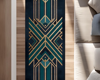 Art Deco Geometric Rug Runner, Teal Gold Black Carpet, Glam Statement Hallway Rug, Modern Gatsby Style, Washable Non Slip Rug