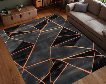 Teppich Schwarz Kupfer Geometrischer Stil, Moderner Abstrakter Bereich Teppich, Teppich Luxus Metallic Line, Zeitgenössisches Dekor, Waschbar, Rutschfest