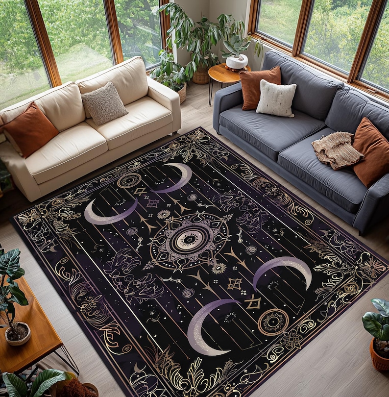 Witchy Celestial Moon and Symbols Rug, Gothic Purple Black Area Carpet ...