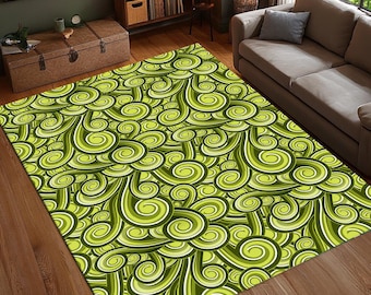 Retro-Spiralteppich, Psychedelischer Grüner Teppich, Funky Swirl-Musterteppich, Vintage-inspiriertes Wohnzimmerdekor, waschbarer Teppich, rutschfest