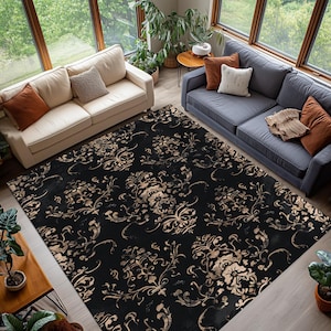 Black and Gold Baroque Area Rug, Ornate Floral Pattern Carpet, Elegant Luxury Living Room Floor Mat with Vintage Design