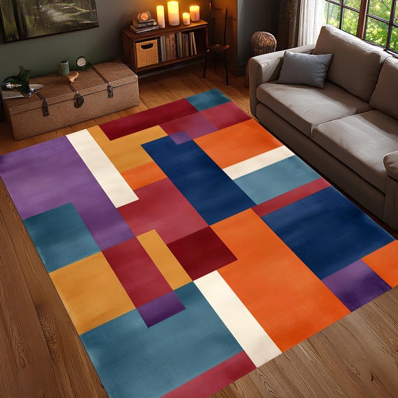 Retro Geometric Color Block Rug, Multicolor Abstract Mid Century Carpet, Modern Living Room Area Rug, Bold Artistic Floor Decor