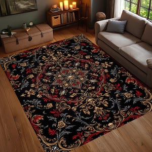 Dark Gothic Skull Rug, Red Black Floral Carpet, Washable Digital Print Area Rug, Non Slip Occult Decor Rug