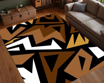 Stammes- Geometrischer Teppich, Teppich mit Fettbraunem Weißen Muster, Abstrakter Afrikanischer Stil Matte, Kulturelles Ethnisches Dekor, Waschbarer Teppich, rutschfest