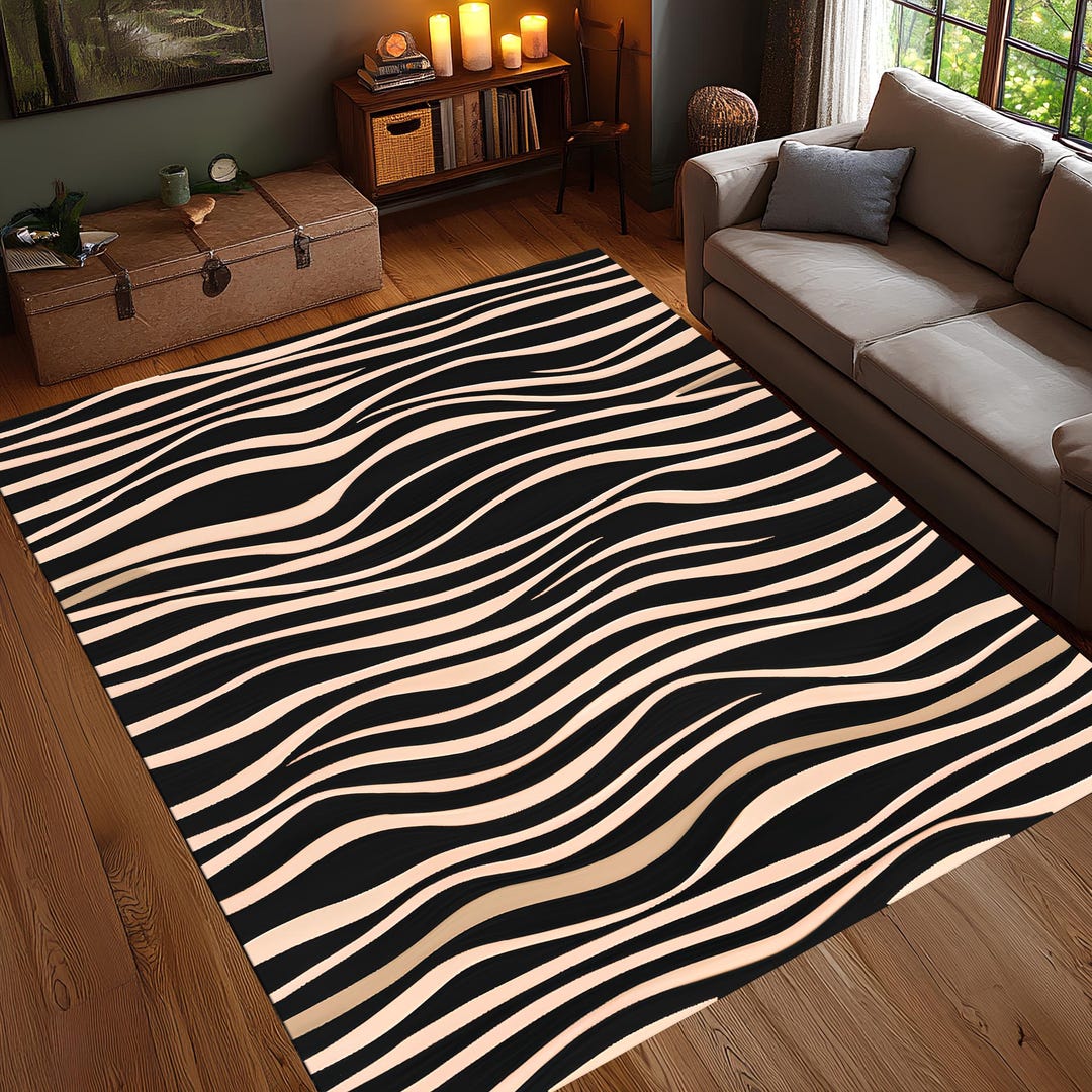 Wavy Long Rug Modern Wavy Line Rug, Beige Black Abstract Carpet, Minimalist Stripe ...