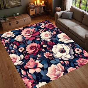 Tapete Floral, Tapete Rosa Rosa, Decoração Botânica Moderna, Tapete Sala de Estar, Tapete Elegante, Tapete Lavável, Tapete Antiderrapante