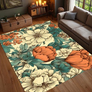 Orange Floral Rug, Oversized Botanical Carpet, Vintage Garden Illustration Mat, Beige Green Large Flower Decor, Washable Rug, Non Slip Rug