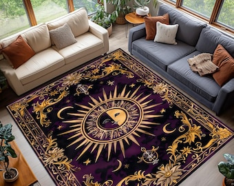 Gothic Sonne Mond Teppich, Lila/Gold Himmlischer Teppich, Mystische Astrologie, Raumdekor, Waschbar, Rutschfest
