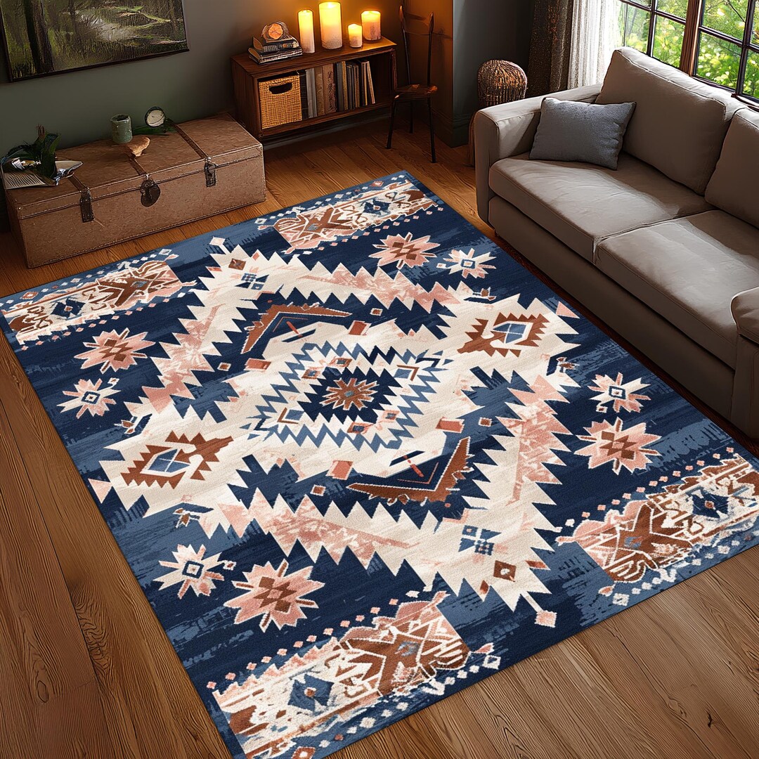 Aztec Tribal Area Rug, Navy Terracotta Boho Carpet, Washable Ethnic ...