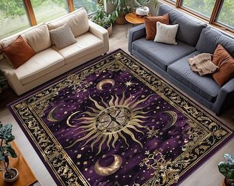Gothic Sonne Mond Himmlischer Teppich, Lila Gold Astrologie Teppich, mystisches Sternzeichen-Stern-Dekor, waschbar, rutschfest