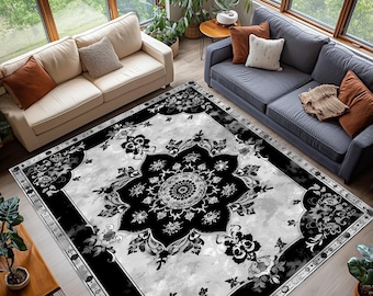 Schwarz-Weiß-Verzierter Blumenteppich, Vintage Persisch Inspiriertes zentrales Medaillon-Design, eleganter waschbarer Wohnzimmerteppich