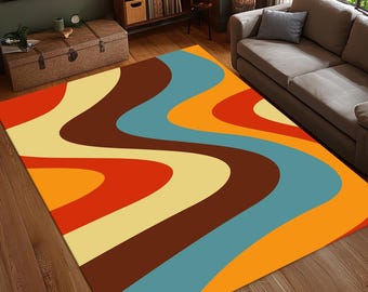 Retro Orange Blauer Teppich, Abstrakter Wellenteppich, Mid Century Modern Teppich, Geometrischer Teppich, Waschbar, rutschfest