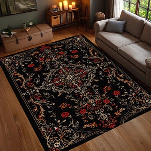 Baroque Gothic Skull Rug, Black Red Floral Area Carpet, Washable Digital Print Rug, Non Slip Dark Romantic Decor
