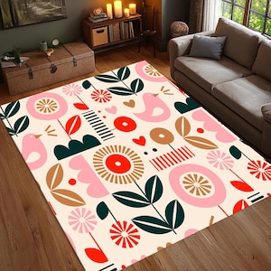 Alfombra moderna con diseño de pájaros y flores, ideal para habitación infantil, color rosa y verde, con estampado divertido, lavable y antideslizante.