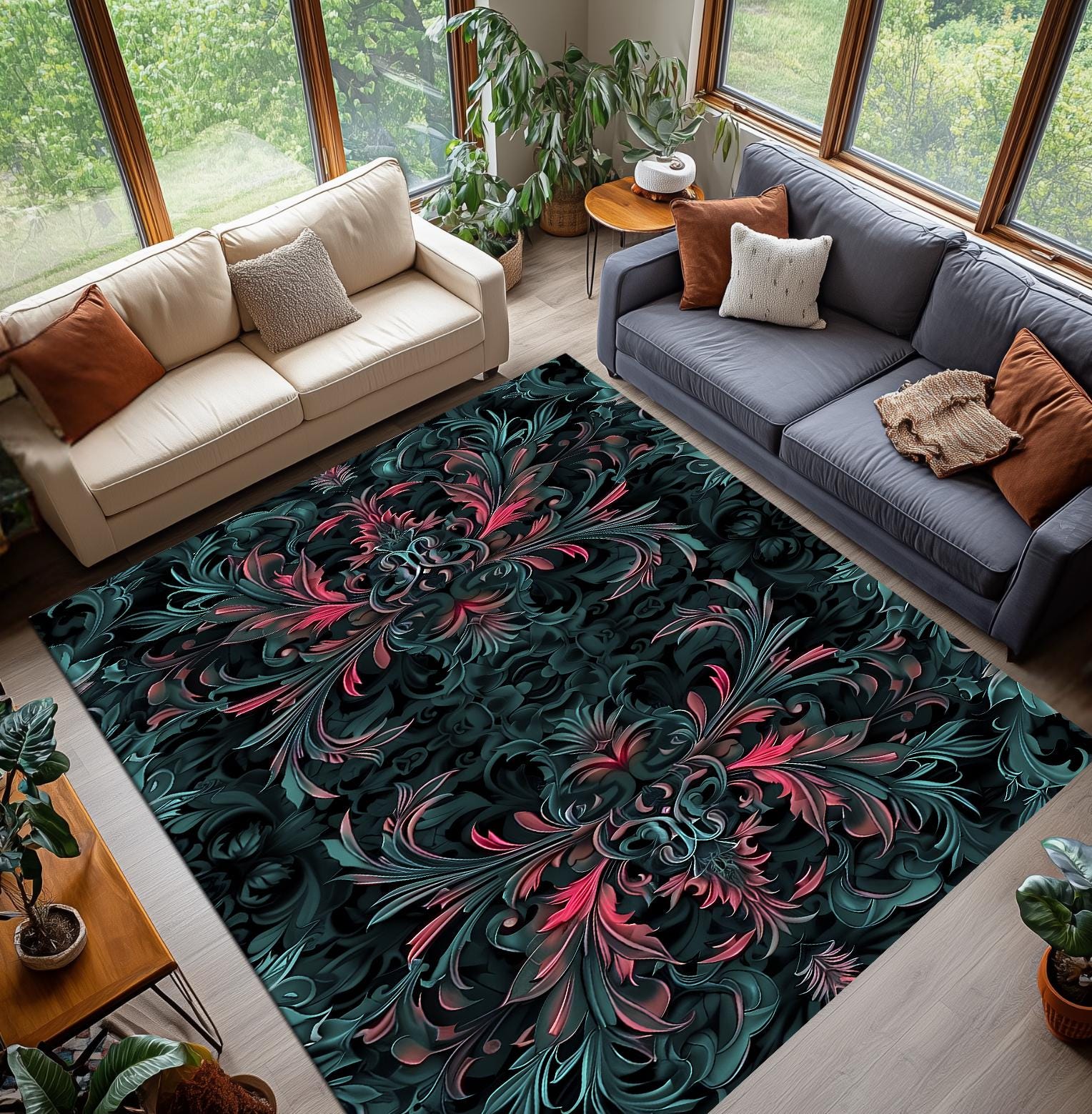 Dark Baroque Floral Rug, Gothic Red Black Scroll Carpet, Ornate Teal ...
