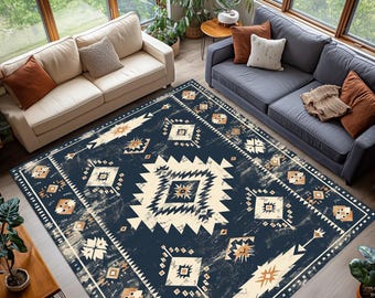 Boho Tribal Area Rug, Washable Ethnic Aztec Carpet in Navy and Beige, Distressed Digital Print Rug with Geometric Patterns