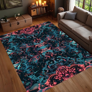 Gothic Floral Area Rug, Black Red Baroque Carpet, Modern Dark Vintage Rug, Living Room Accent Rug, Unique Neo-Gothic Pattern