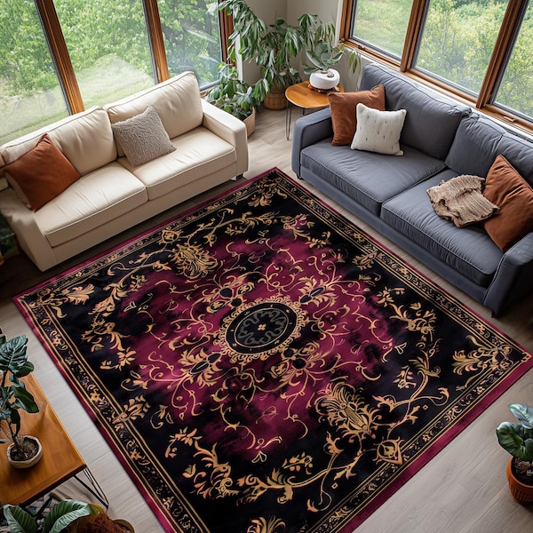 Black Gothic Area Rug, Vintage Ornate Circle Carpet, Baroque Style Washable Rug, Elegant Dark Floral Floor Decor