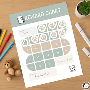 May include: A reward chart with a cat illustration and the words "REWARD CHART". The chart has spaces for paw prints and numbers. The name "Lucy" and the reward "princess dress" are written on the chart. Pens, a teddy bear, and a small plant are also visible.