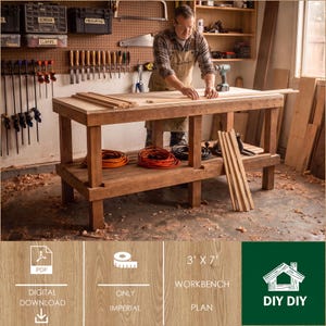May include: A digital download for a 3' x 7' workbench plan. The image shows a wooden workbench with a light-coloured top and a lower shelf holding orange and black cords. A person in an apron works on the bench with wood strips and a drill.