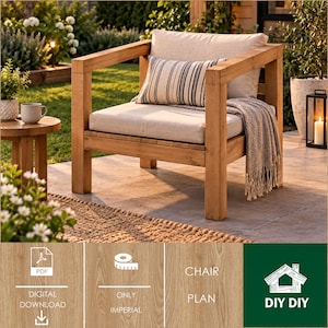 May include: A wooden armchair with a light beige seat cushion and backrest, featuring a rectangular throw pillow with black and white vertical stripes and a fringed gray throw blanket. The text reads PDF DIGITAL DOWNLOAD, ONLY IMPERIAL, CHAIR PLAN, DIY DIY.
