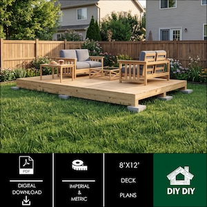 May include: A digital download for 8'x12' deck plans featuring a rectangular wooden deck structure with a light brown finish, elevated on concrete blocks, and furnished with a wooden sofa set, two armchairs, and two matching coffee tables.