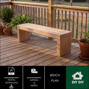 Puede incluir: Un banco de madera de color marrón claro con un asiento de listones y patas de listones verticales. La imagen incluye iconos de texto para una descarga digital en PDF, medidas imperiales y métricas, y el texto Bench Plan y DIY DIY en un cuadro verde.