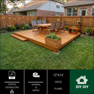May include: A rectangular wooden deck measuring 12'x16' featuring a dining set with six chairs and a table, a wooden planter box with green plants, and a small orange side table. The deck is situated in a backyard with a wooden fence and string lights.