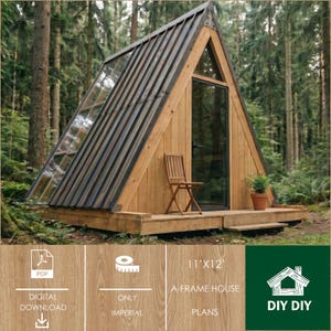 May include: A digital download for 11'x12' A-frame house plans. The image shows a wooden A-frame cabin with a dark metal roof, a glass door, and a wooden chair on a deck. Text includes PDF, digital download, only imperial, and DIY DIY.