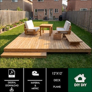 May include: A square wooden deck measuring 3.66m x 3.66m featuring a low-profile design with a single step. The deck includes two wooden chairs with white cushions, a small square table, a rectangular bench, and a woven basket, all set on a grassy lawn.