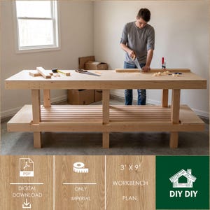 May include: A digital download PDF plan for a 3' x 9' wooden workbench. The image shows a light-colored wooden workbench with a lower slatted shelf, a top surface with tools, and a person using a hand saw on a piece of lumber on the bench.