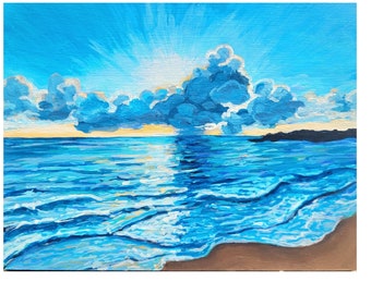 Pintura acrílica original del paisaje marino del amanecer