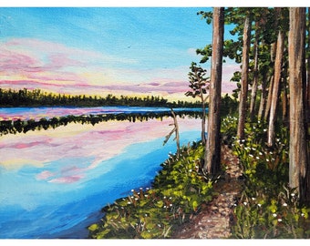 Summer lake landscape sunset original painting - 37