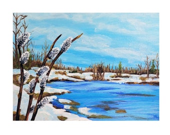 Original Winter Landscape acrylic painting - Pussywillows